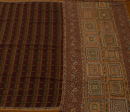Sushila Vintage Brown Saree Pure Crepe Silk Hand Embroidered Kantha Sari Fabric
