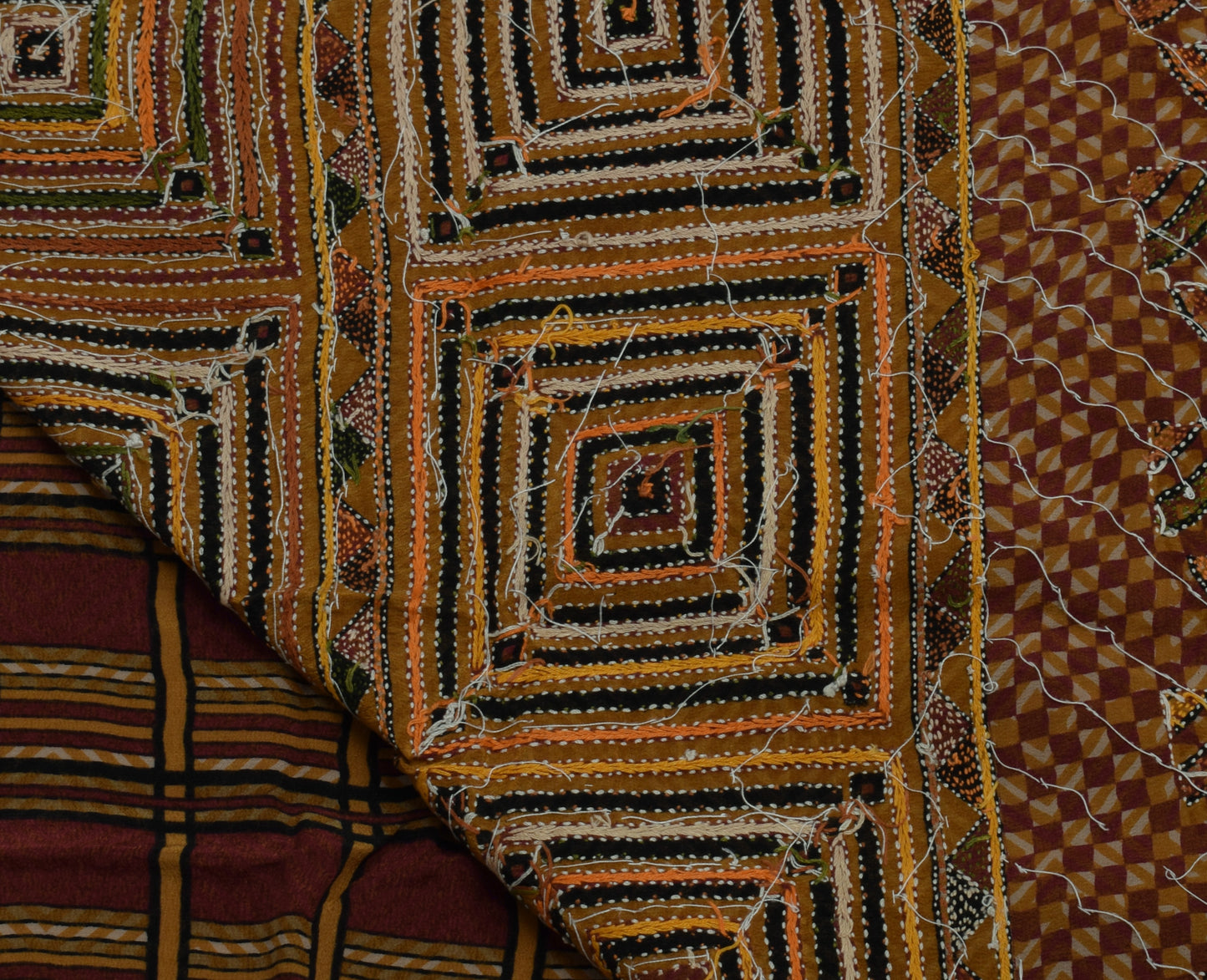 Sushila Vintage Brown Saree Pure Crepe Silk Hand Embroidered Kantha Sari Fabric
