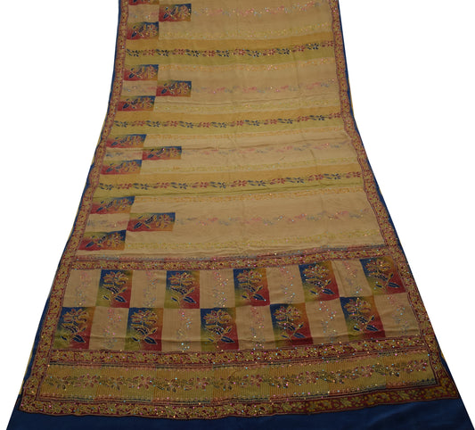 Sushila Vintage Indian Saree Pure Crepe Silk Hand Embroidered Kantha Sari Fabric