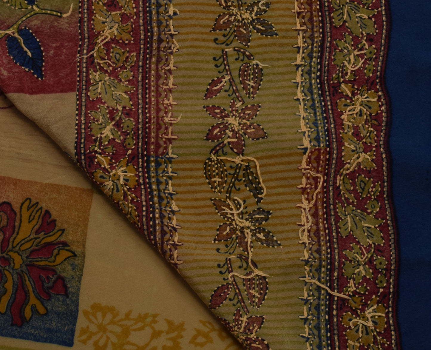 Sushila Vintage Indian Saree Pure Crepe Silk Hand Embroidered Kantha Sari Fabric