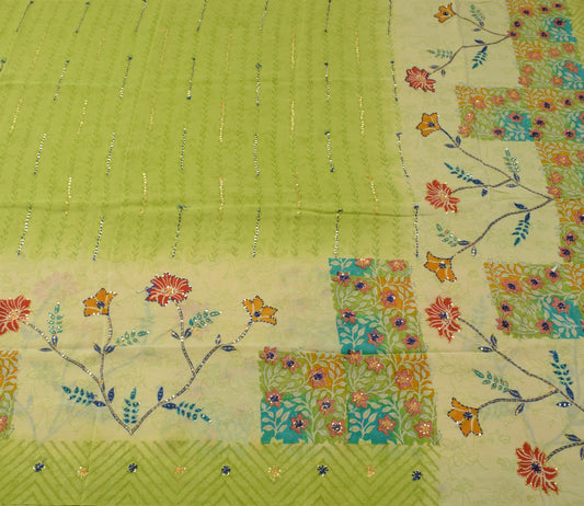 Sushila Vintage Green Saree Pure Crepe Silk Hand Beaded & Printed Sari Fabric