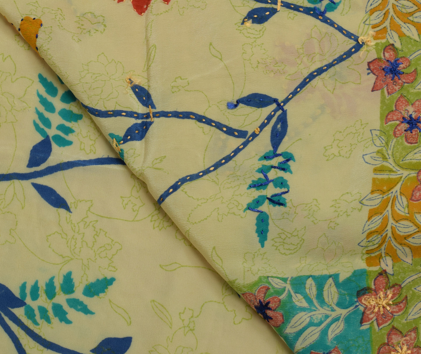 Sushila Vintage Green Saree Pure Crepe Silk Hand Beaded & Printed Sari Fabric