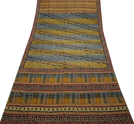 Sushila Vintage Multi-Color Saree Pure Crepe Hand Embroidered Kantha Sari Fabric