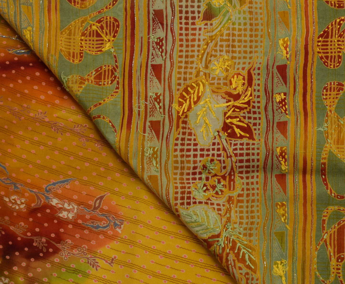 Sushila Vintage Yellow Saree Pure Crepe Silk Hand Beaded & Printed Sari Fabric