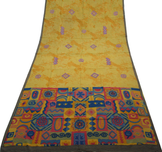 Sushila Vintage Indian Yellow Saree Pure Crepe Silk Printed Sari 5 Yard Fabric