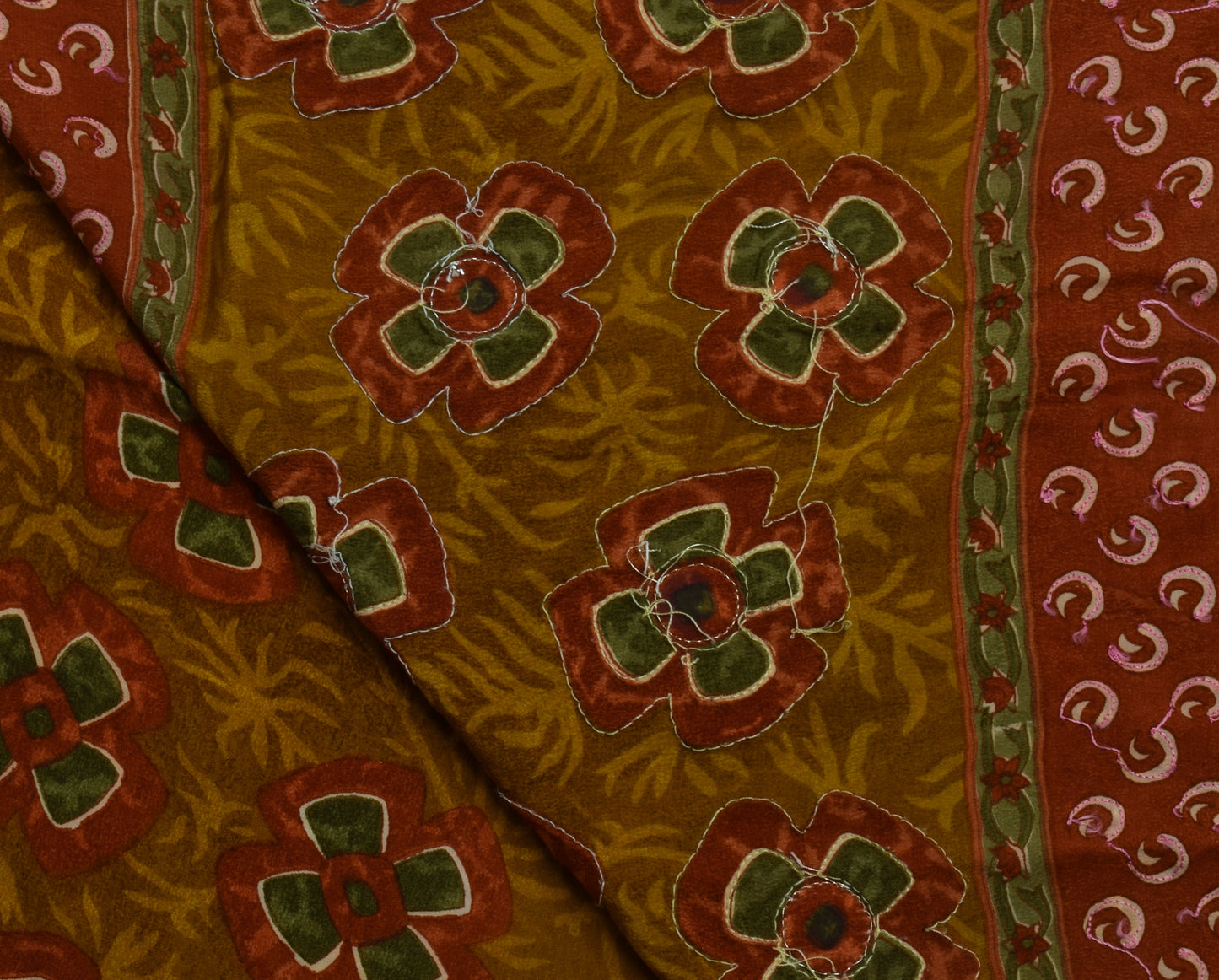 Sushila Vintage Brown Saree Pure Crepe Silk Printed Floral Sari Craft Fabric