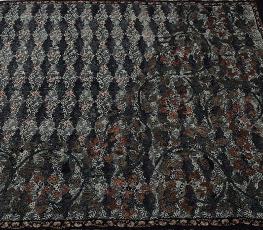 Sushila Vintage Black Gray Saree Pure Crepe Silk Printed Floral Sari Craft Fabric