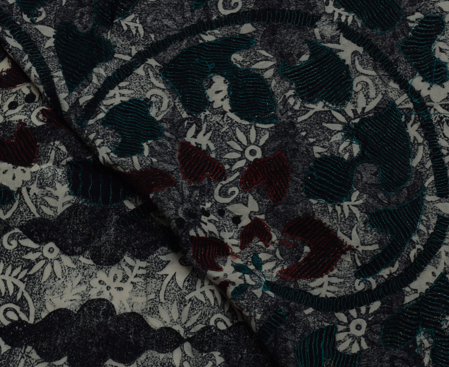 Sushila Vintage Black Gray Saree Pure Crepe Silk Printed Floral Sari Craft Fabric