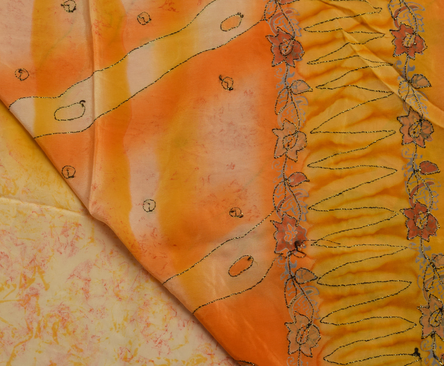 Sushila Vintage Orange Saree Pure Crepe Silk Printed Sari Craft 5 Yard Fabric