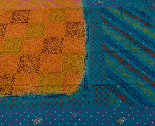 Sushila Vintage Mustard Saree Pure Crepe Silk Hand Beaded & Printed Sari Fabric