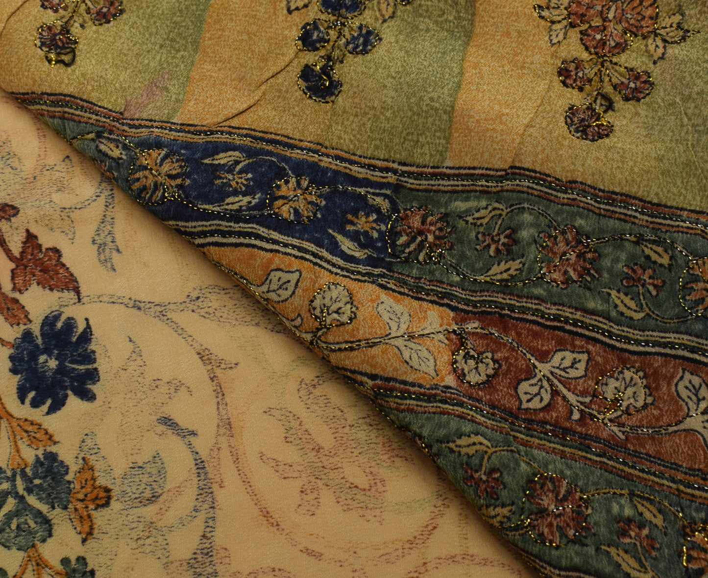 Sushila Vintage Brown Saree Pure Crepe Silk Printed Floral Sari Craft Fabric