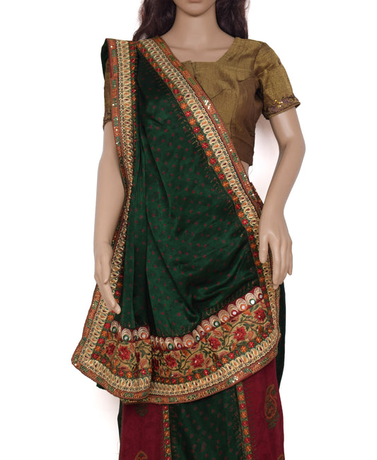 Sushila Vintage Ready to Wear Saree Pure Satin Silk Floral Printed Green Designer Sari