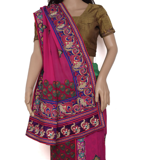 Sushila Vintage Dark Pink Saree Pure Georgette Silk Woven Floral Sari Fabric