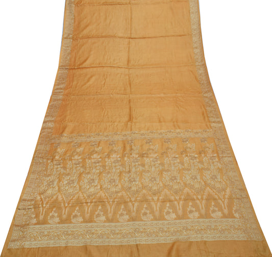 Sushila Vintage Light Brown Saree 100% Pure Silk Woven Sari Craft 5 Yard Fabric