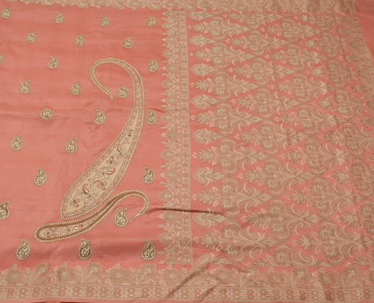 Sushila Vintage Peach Saree 100% Pure Silk Embroidered Paisley Sari Craft Fabric
