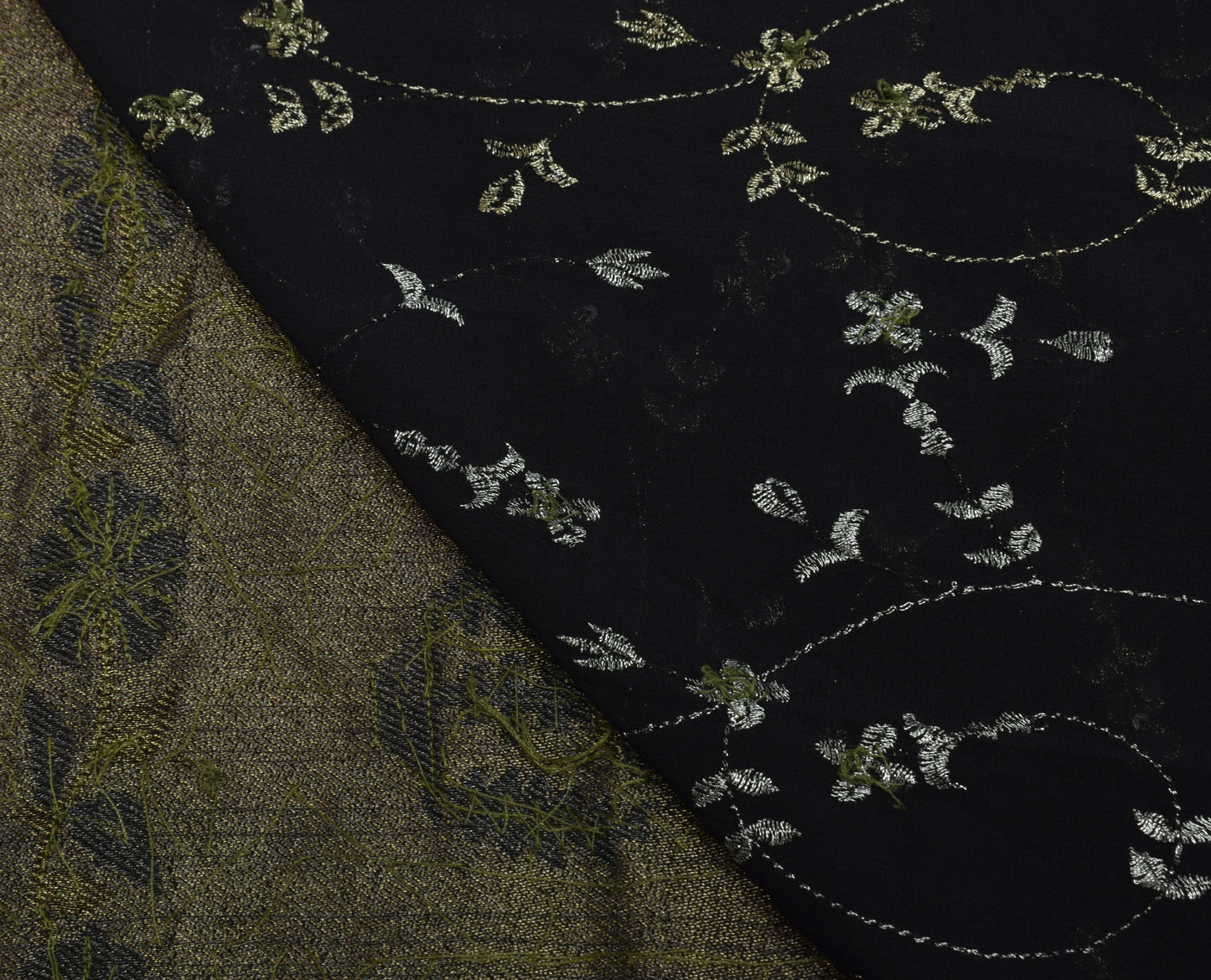 Sushila Vintage Black Saree Pure Georgette Silk Hand Beaded Floral Sari Fabric