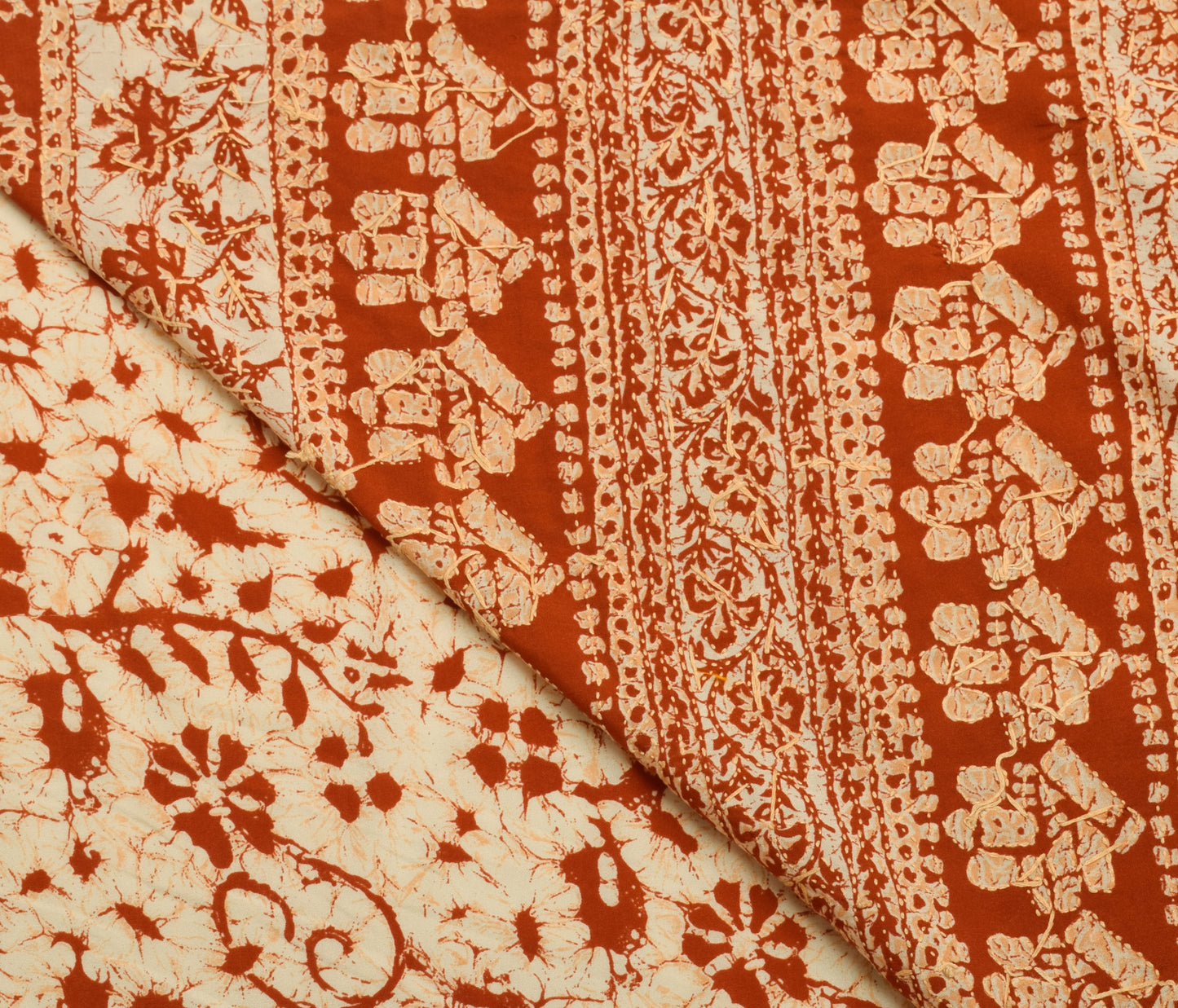 Sushila Vintage Cream Saree Blend Silk Hand Embroidered Kantha Sari Craft Fabric