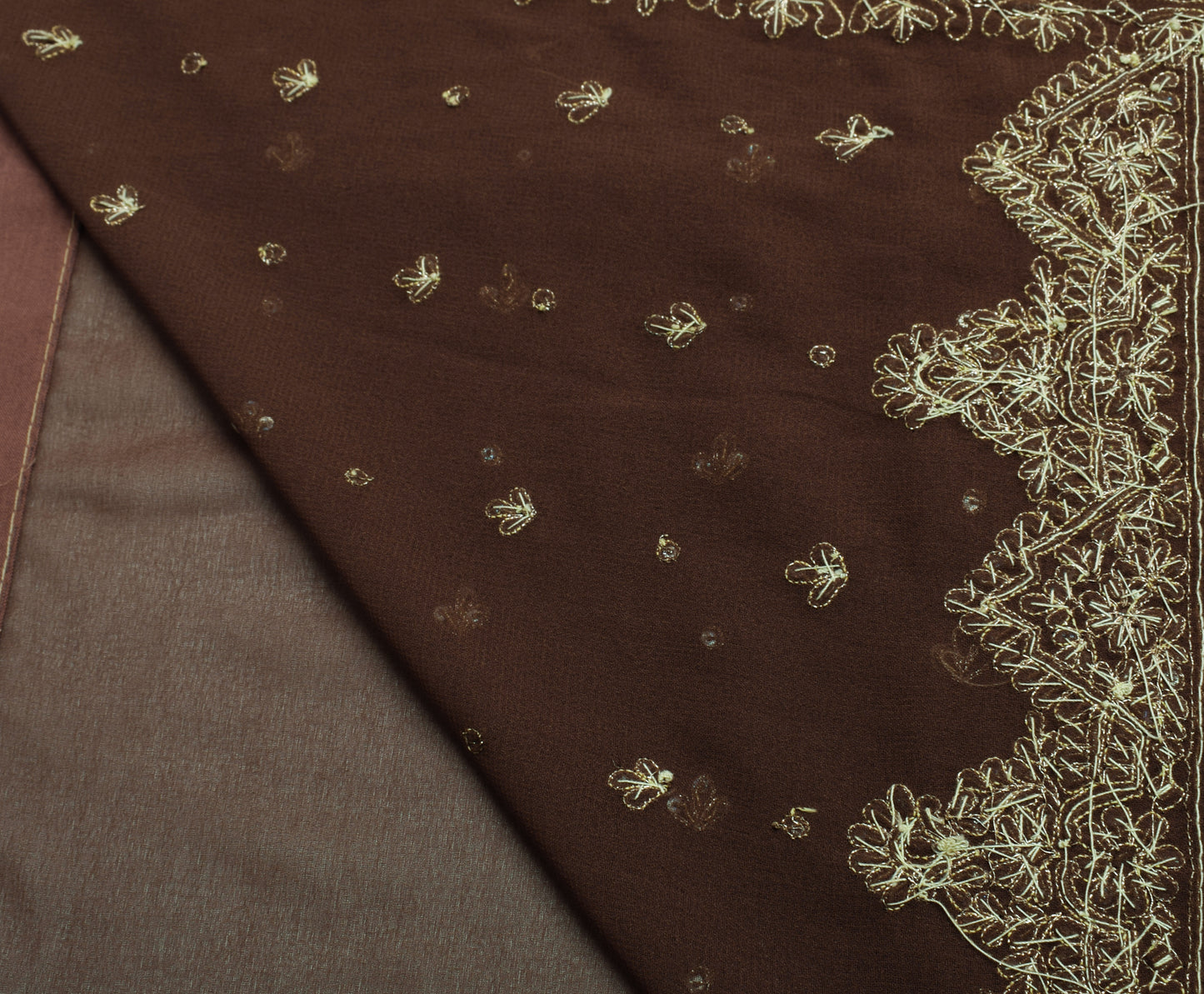 Sushila Vintage Brown Indian Saree Blend Georgette Silk Hand Beaded Sari Fabric