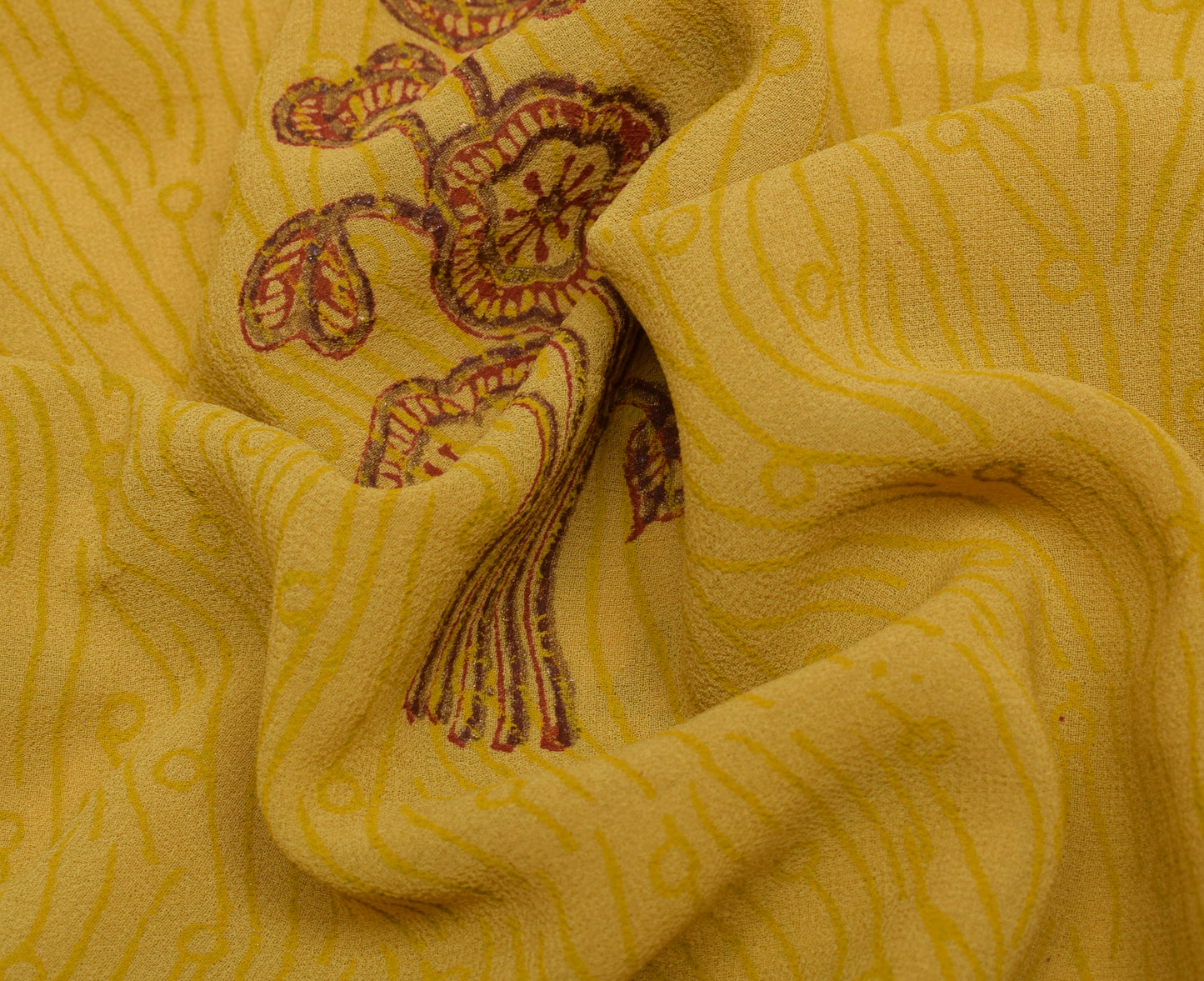 Sushila Vintage Mustard Saree Pure Georgette Silk Hand Beaded Floral Sari Fabric