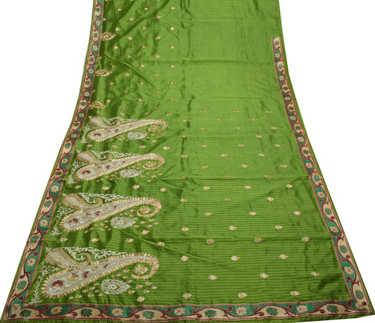 Sushila Vintage Green Saree Blend Silk Embroidered Floral Sari Craft Fabric