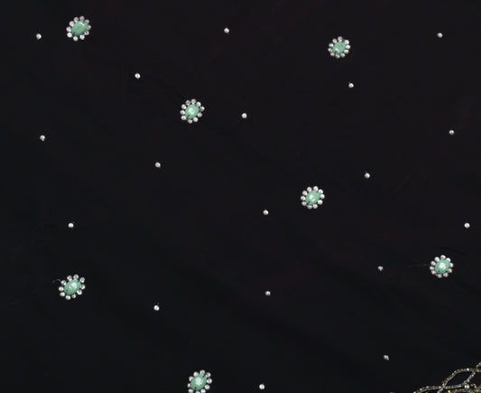 Sushila Vintage Black Indian Saree 100%Pure Crepe Silk Beaded Floral Sari Fabric