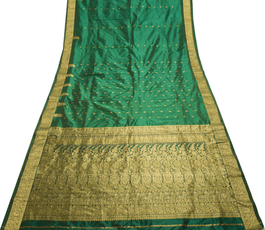 Sushila Vintage Green Saree Blend Silk Zari Woven Paisley Sari 5 Yd Craft Fabric
