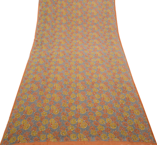 Sushila Vintage Gray Saree Pure Georgette Hand Embroidered Kantha Sari Fabric