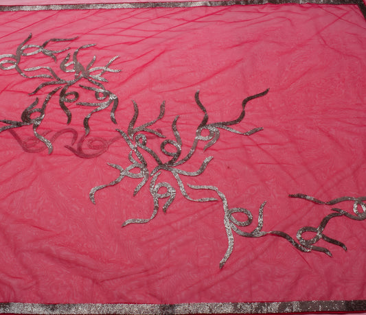 Sushila Vintage HEAVY Red Saree Net Mesh Glass Beads Embellish Sari Craft Fabric