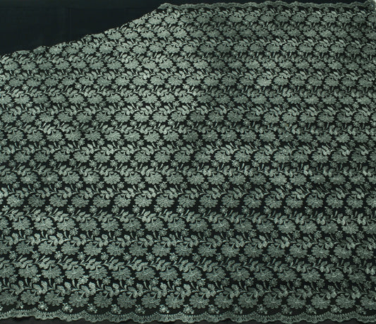 Sushila Vintage Black Saree Net Mesh Embroidered Floral 5 Yard Sari Craft Fabric