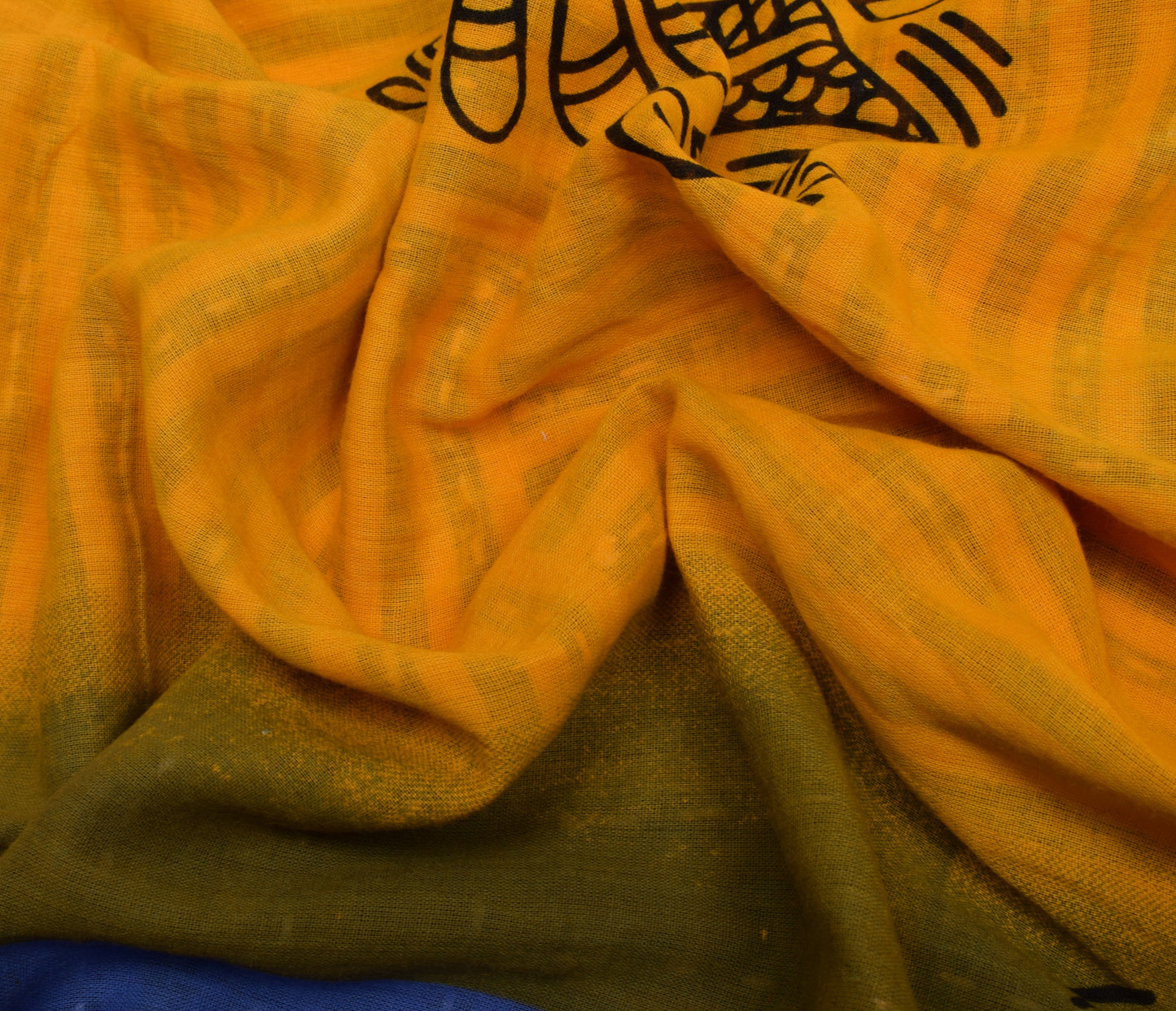 Sushila Vintage Blue Yellow Saree Pure Cotton Hand Embroidered Sari Craft Fabric