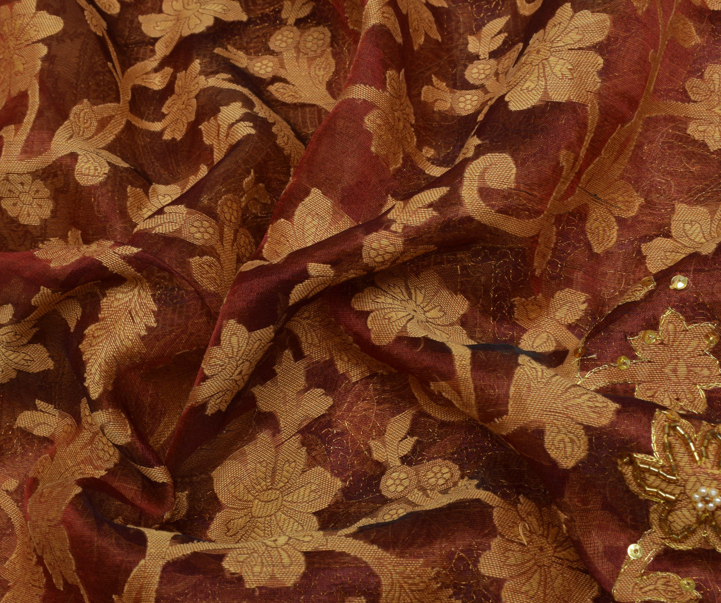 Sushila Vintage Maroon Saree 100% Pure Organza Silk Hand Beaded 5 YD Sari Fabric