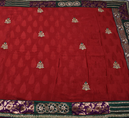 Sushila Vintage Red HEAVY Saree 100% Pure Georgette Silk Hand Beaded Sari Fabric