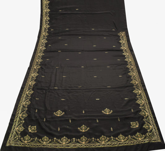 Sushila Vintage Black Saree Blend Crepe Silk Hand Beaded Floral 5 YD Sari Fabric