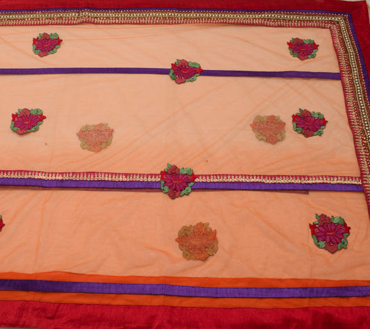 Sushila Vintage Orange Applique Patch Work Saree Net Mesh Floral Craft Fabric