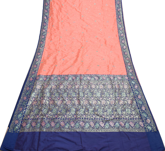 Sushila Vintage Peach Indian Saree Art Silk Hand Beaded Floral Sari Craft Fabric