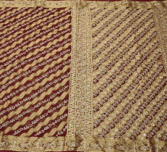 Sushila Vintage Maroon Saree 100% Pure Georgette Silk Hand Beaded Sari Fabric