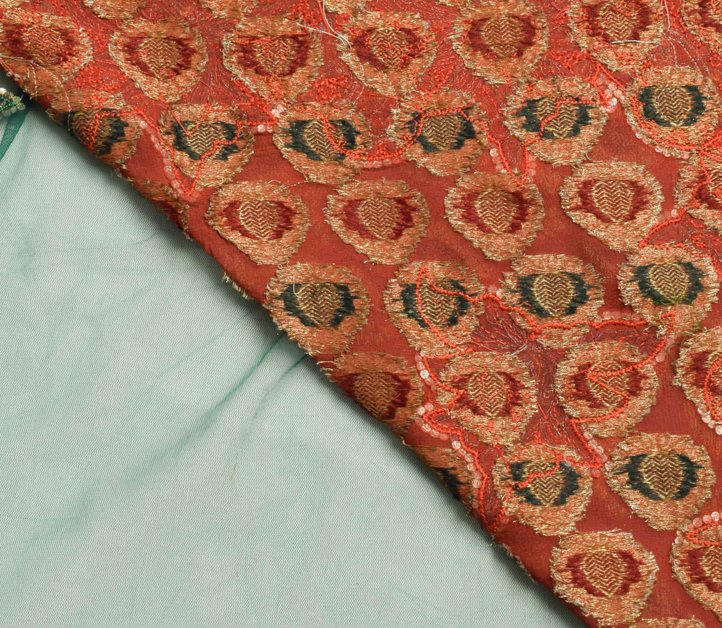 Sushila Vintage Rust & Green HEAVY Saree Blend Georgette Hand Beaded Sari Fabric