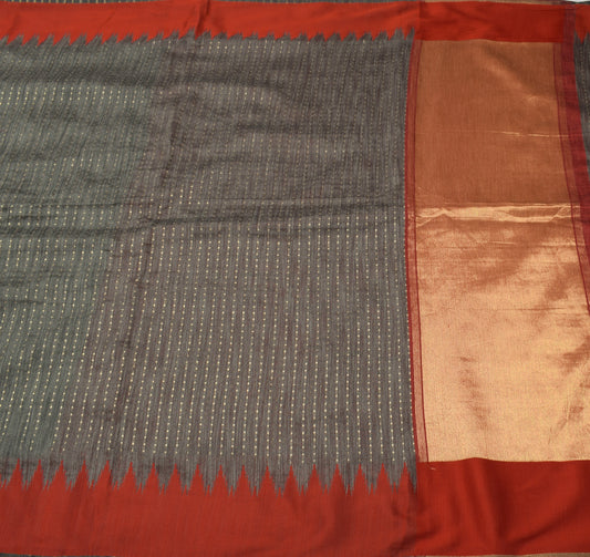 Sushila Vintage Dark Gray Indian Saree Blend Silk Woven Sari With Blouse Fabric