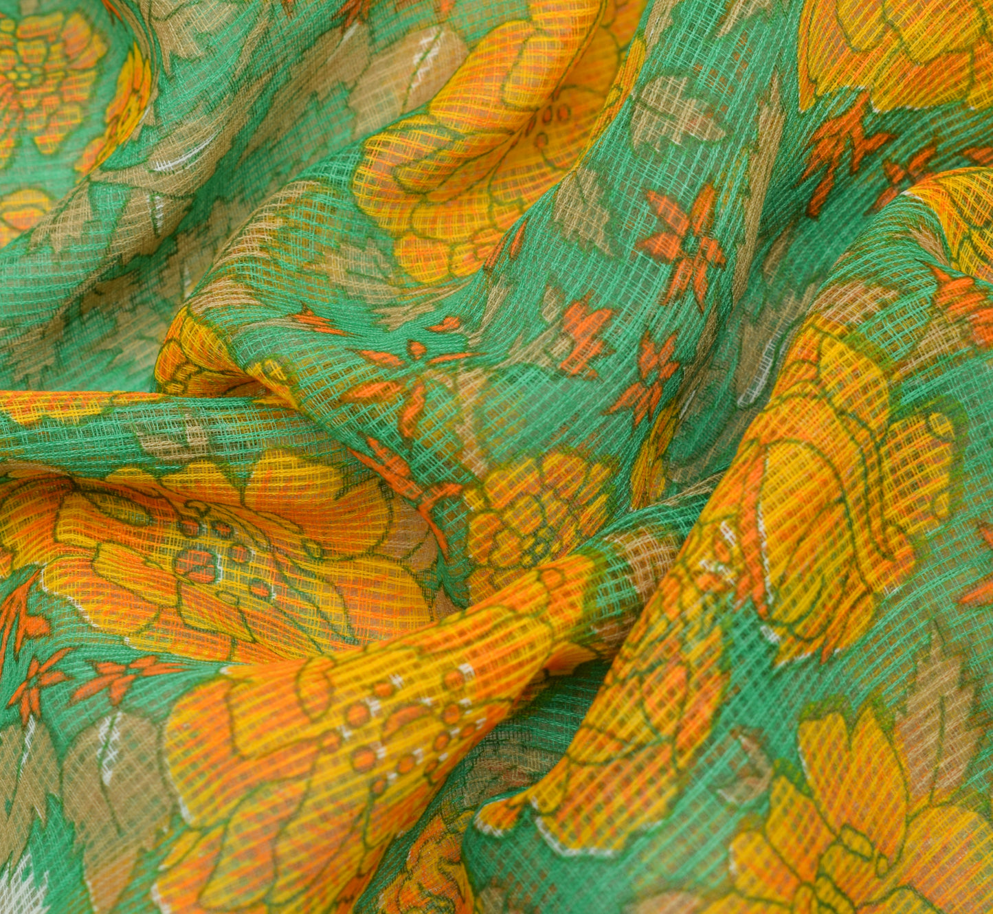 Sushila Vintage Green Saree 100% Pure Cotton Printed Floral Sari Craft Fabric