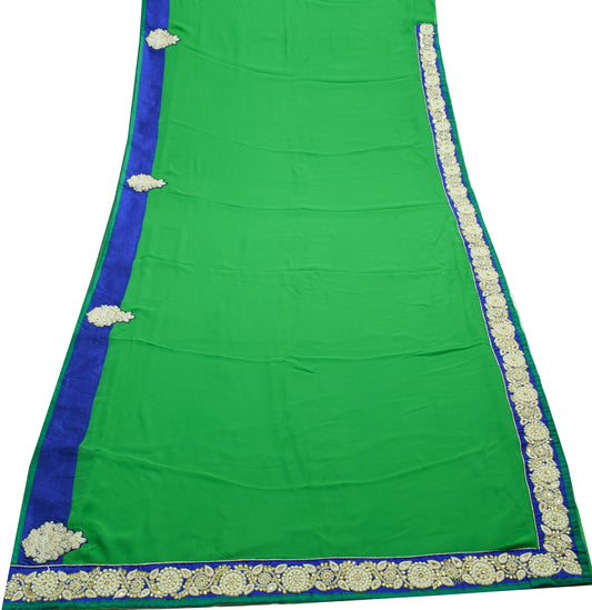 Sushila Vintage Green Saree 100%Pure Georgette Silk Patch Work Sari Craft Fabric