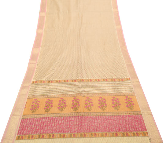 Sushila Vintage Cream Indian Saree Blend Cotton Printed Floral Sari Craft Fabric