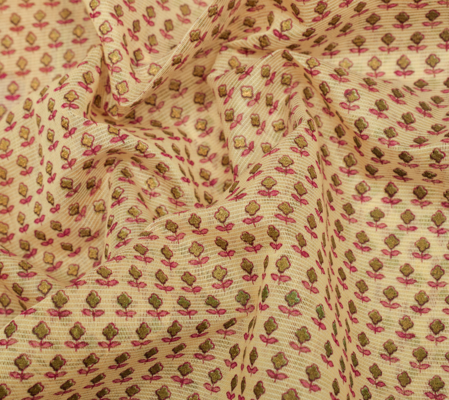 Sushila Vintage Cream Indian Saree Blend Cotton Printed Floral Sari Craft Fabric