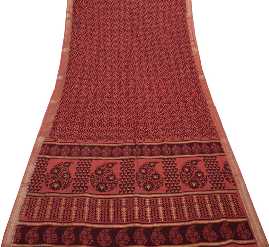Sushila Vintage Brown Saree 100% Pure Cotton Printed & Woven Sari Craft Fabric