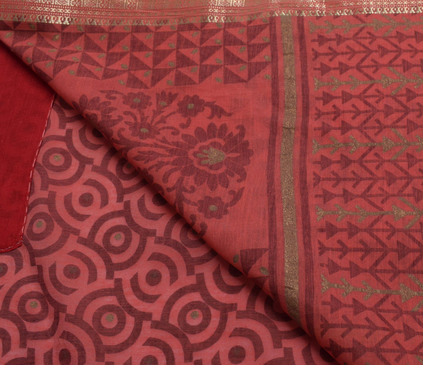 Sushila Vintage Brown Saree 100% Pure Cotton Printed & Woven Sari Craft Fabric