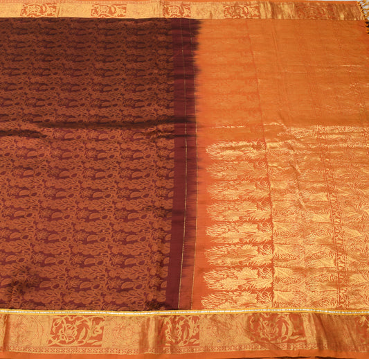 Sushila Vintage Maroon Saree 100% Pure Silk Flora All Over Woven Sari Fabric
