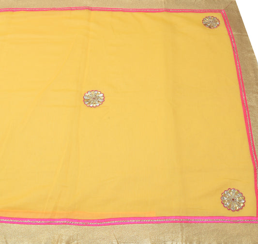 Sushila Vintage Yellow Saree Art Silk Supernet Floral Applique Work Sari Fabric