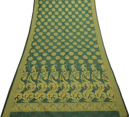 Sushila Vintage Teal Green Saree Art Silk All Over Woven Floral 5 YD Sari Fabric