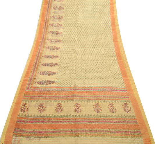 Sushila Vintage Cream Saree Art Silk Hand Block Printed Floral Sari Craft Fabric