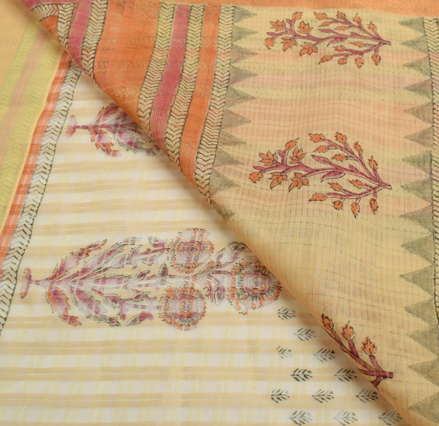 Sushila Vintage Cream Saree Art Silk Hand Block Printed Floral Sari Craft Fabric