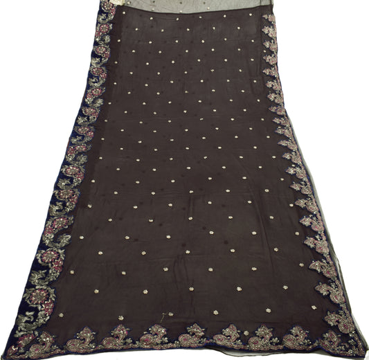 Sushila Vintage Black Saree 100% Pure Georgette Silk Hand Beaded 5YD Sari Fabric
